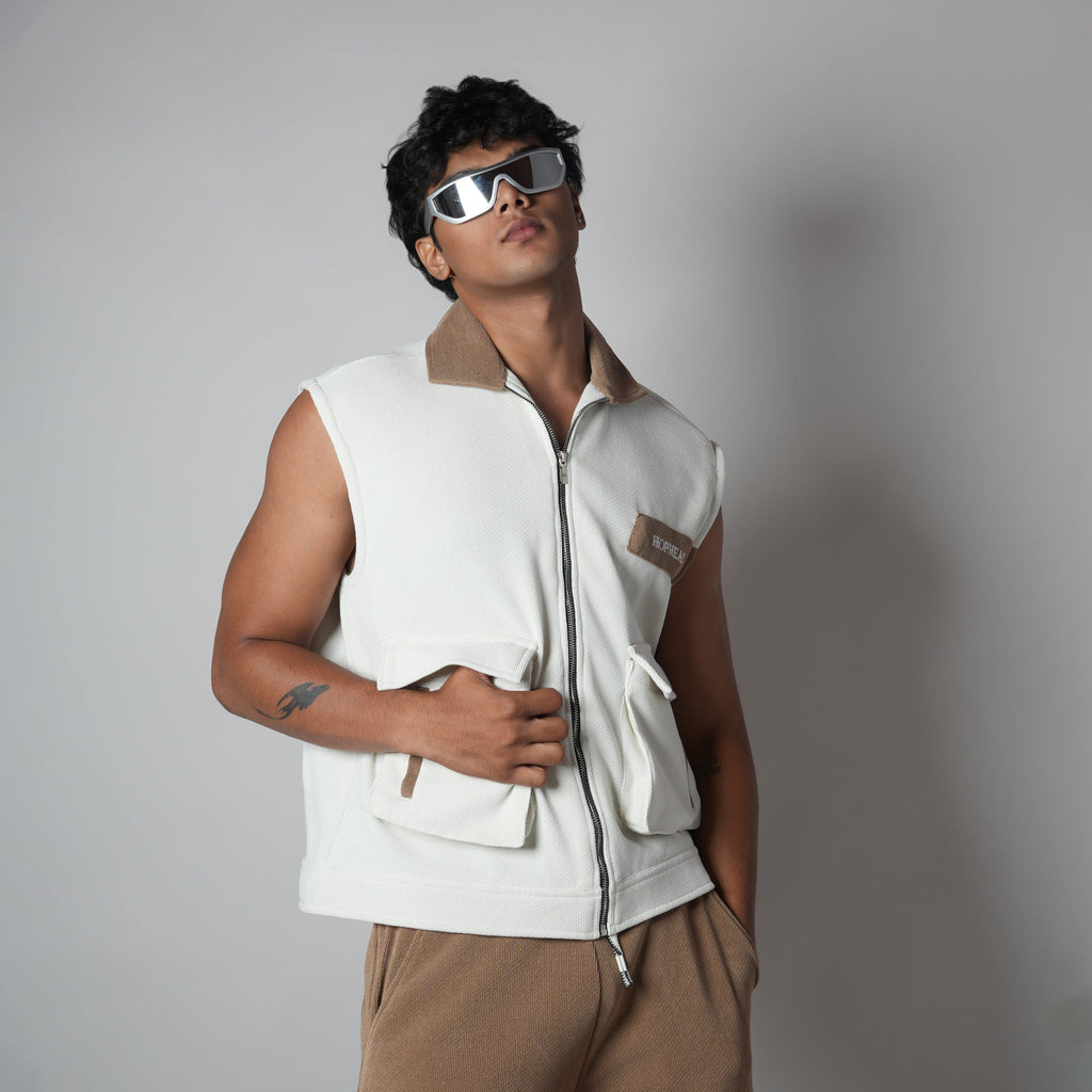 WHITE DUAL KNITDRIP UTILITY JACKET