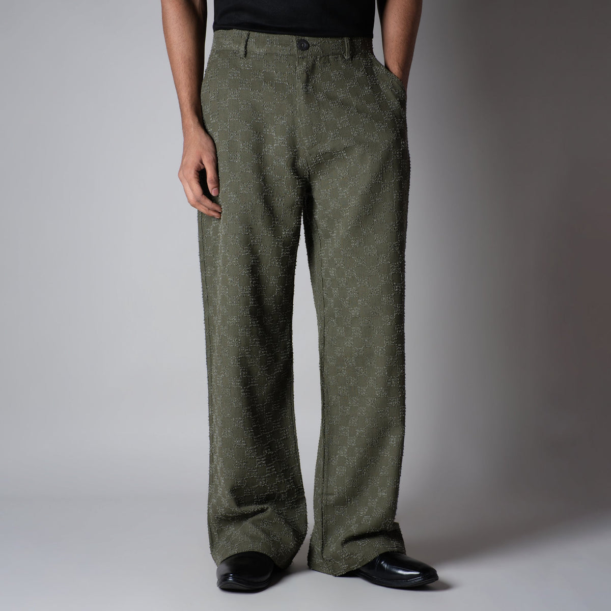 OLIVE CHECKERED ROOFING BOOT CUT DENIM