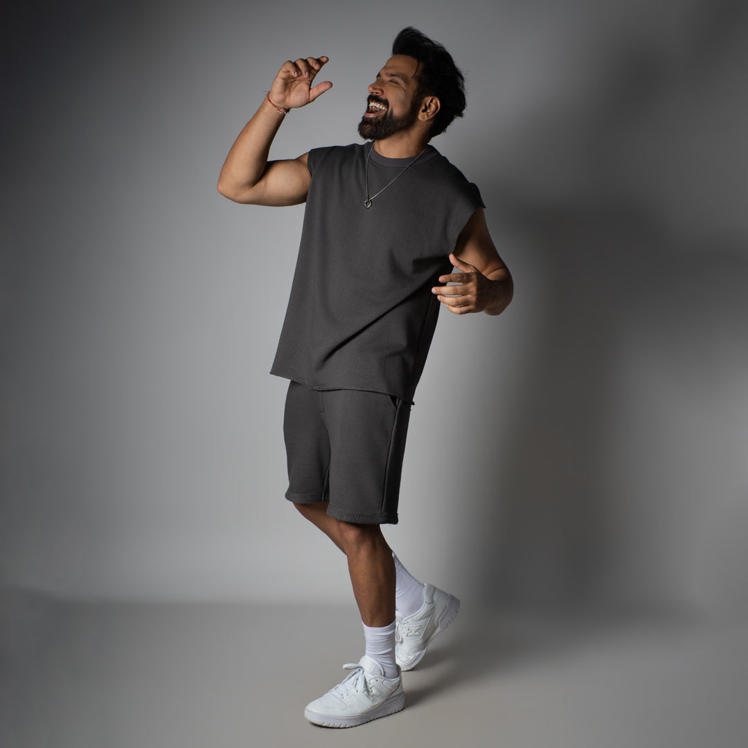 CHARCOAL SLEEVELESS RAW EDGE TSHIRT