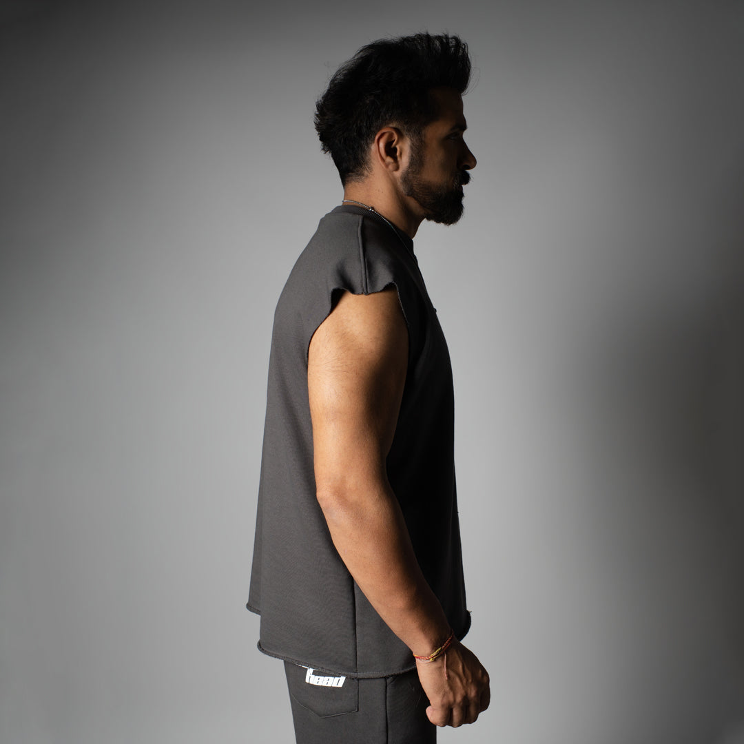 CHARCOAL SLEEVELESS RAW EDGE TSHIRT