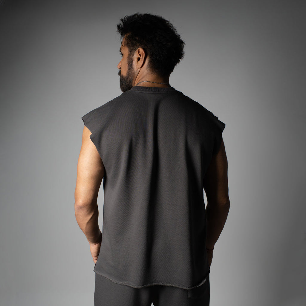 CHARCOAL SLEEVELESS RAW EDGE TSHIRT