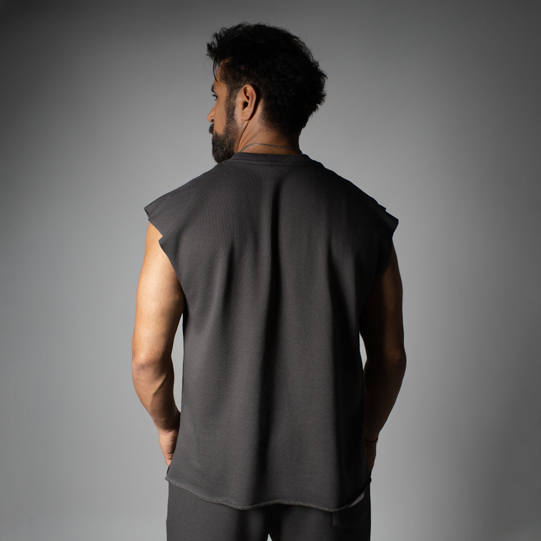 CHARCOAL SLEEVELESS RAW EDGE TSHIRT