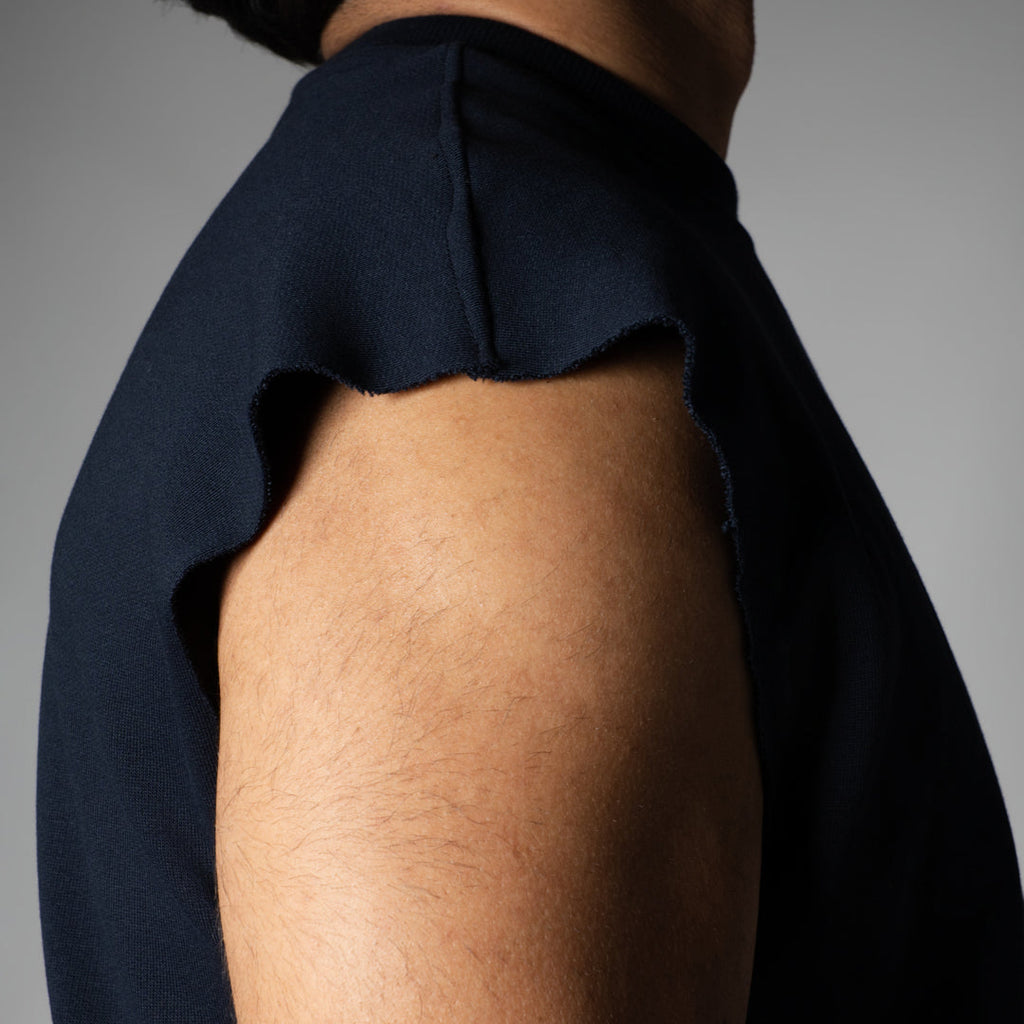 NAVY SLEEVELESS RAW EDGE TSHIRT