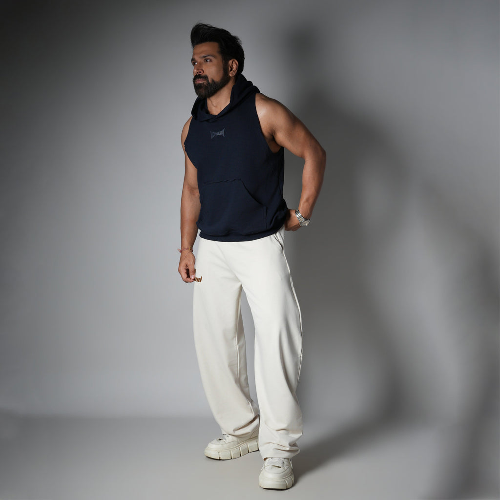 NAVY BLUE RAW EDGE SLEEVELESS HOODIE