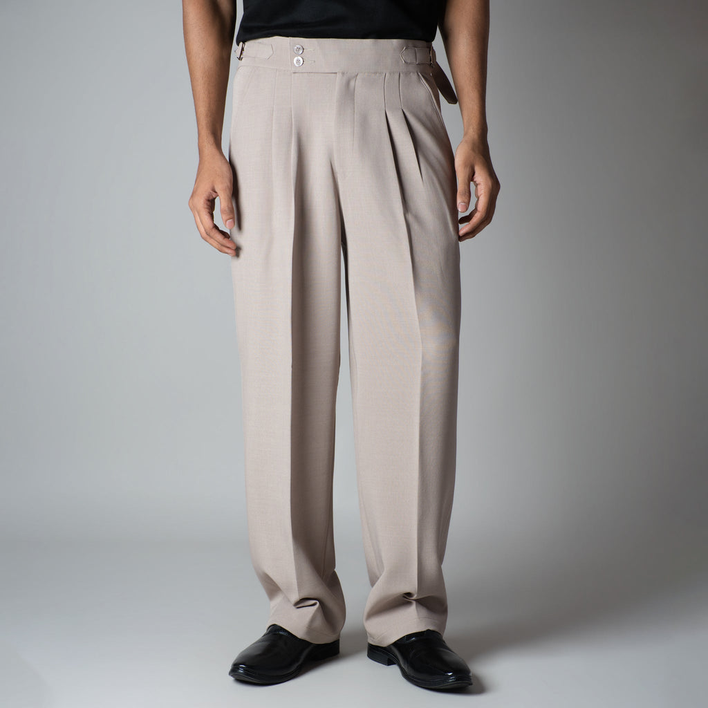 BEIGE DOUBLE PLEAT STRAIGHT FIT TROUSER