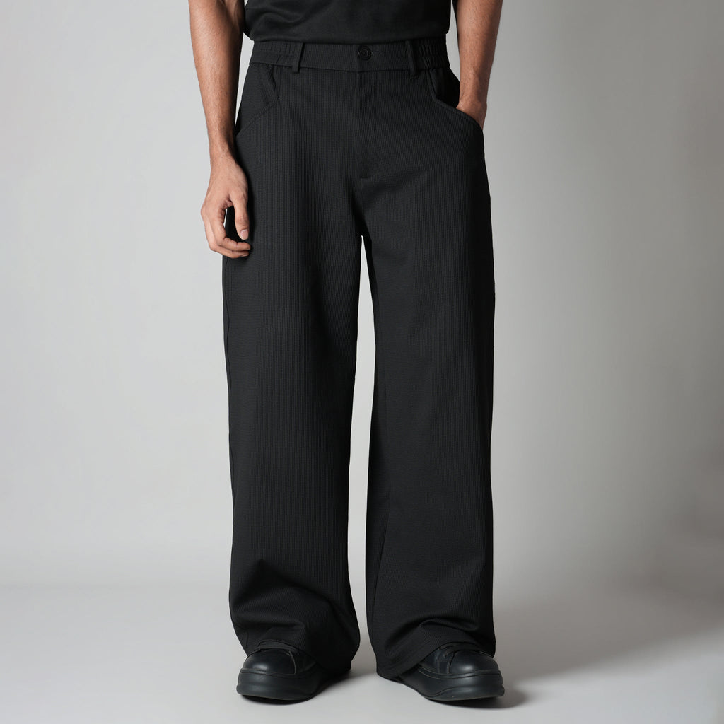 BLACK PIN-RIB WIDE PANTS