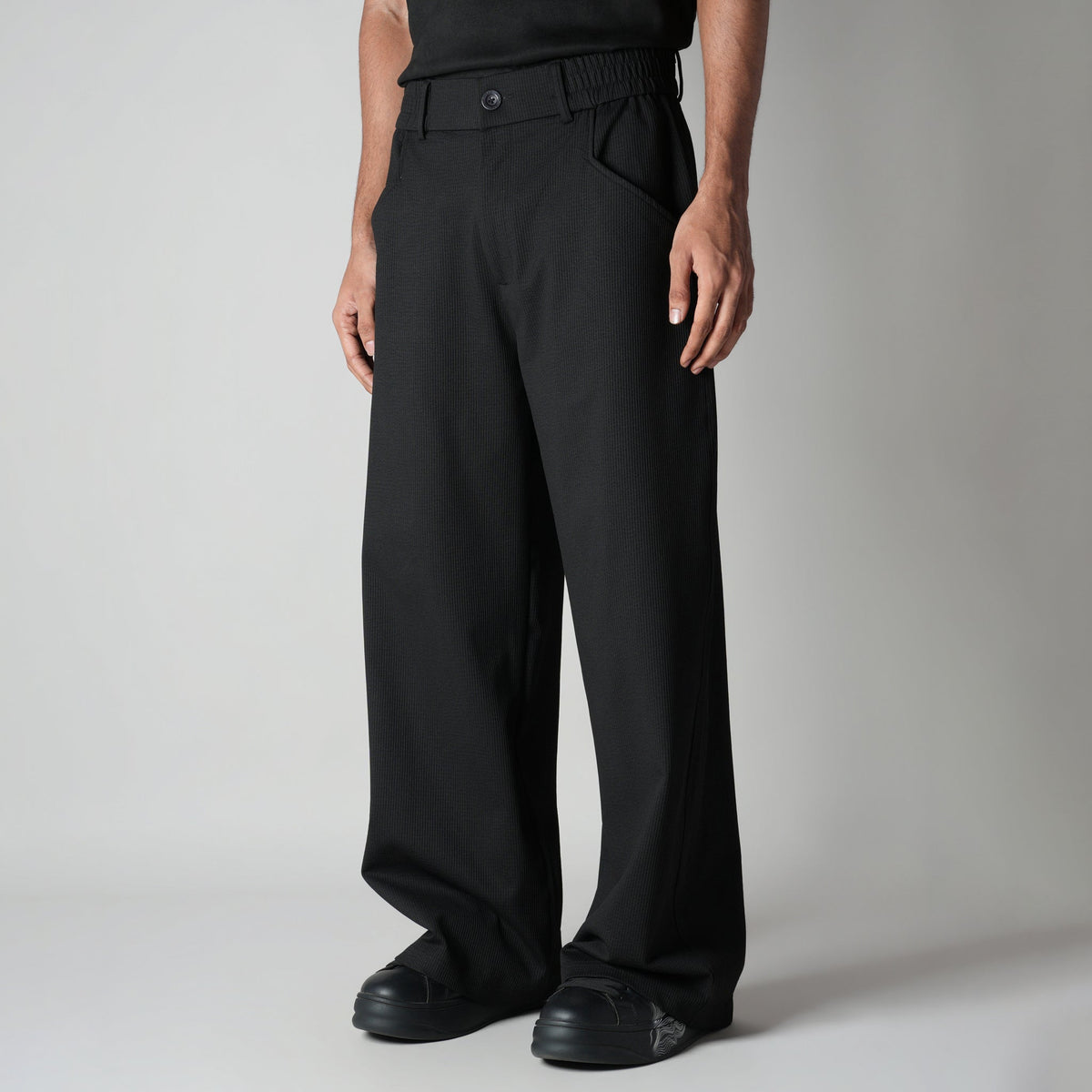 BLACK PIN-RIB WIDE PANTS