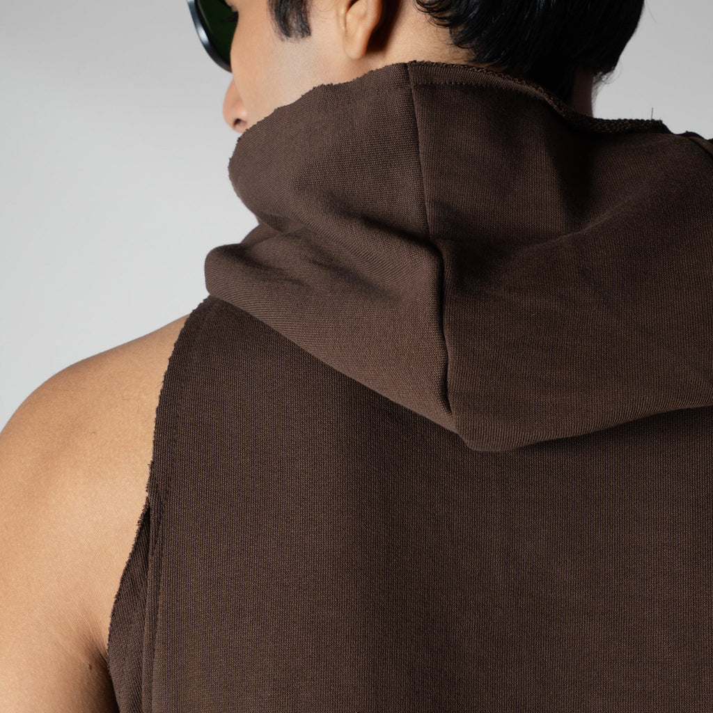 BROWN RAW EDGE SLEEVELESS HOODIE