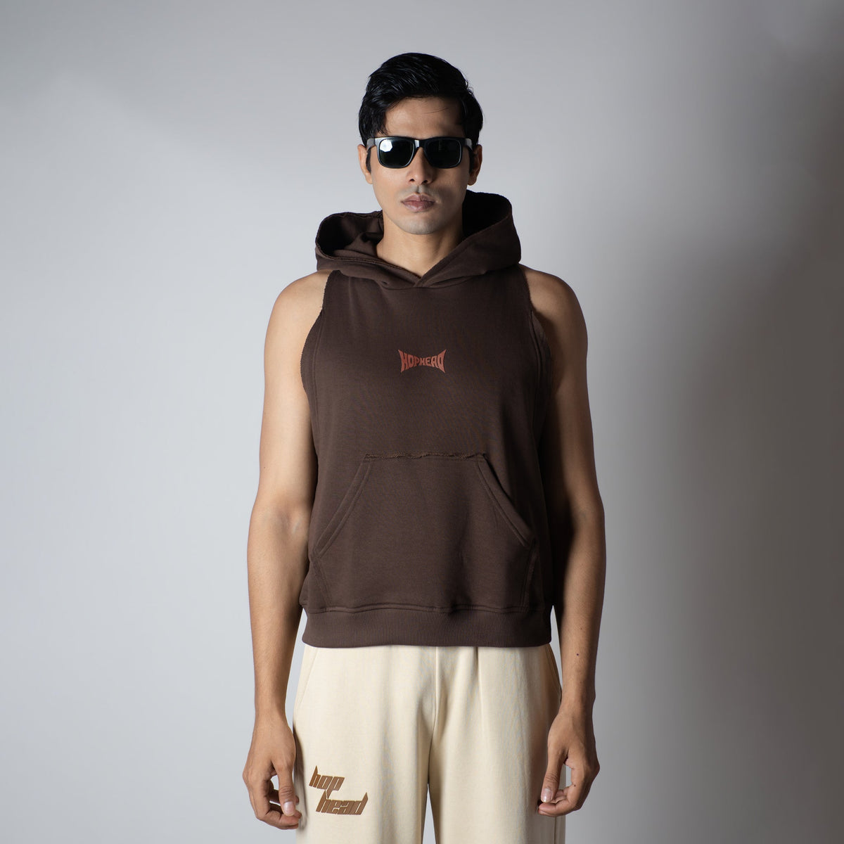 BROWN RAW EDGE SLEEVELESS HOODIE