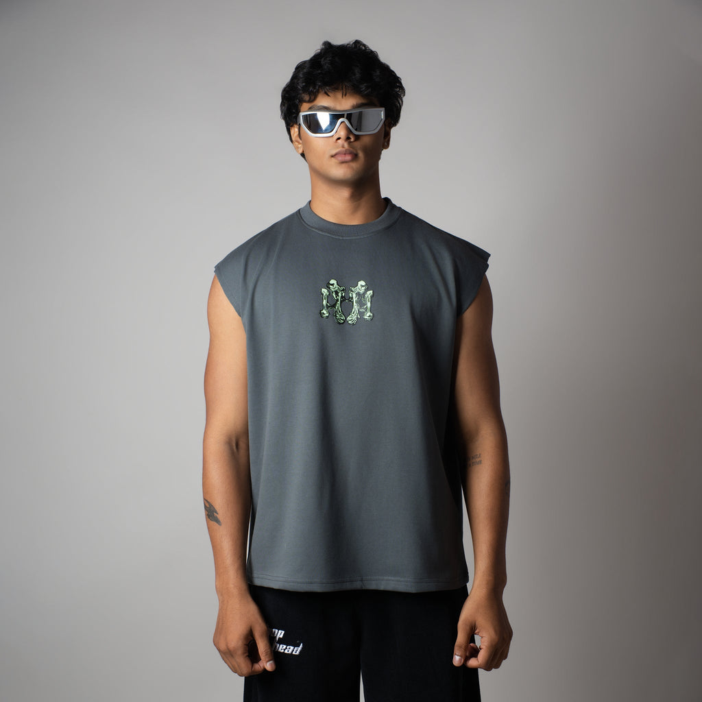 CHARCOAL BONE GRAPHIC SLEEVELESS T-SHIRT
