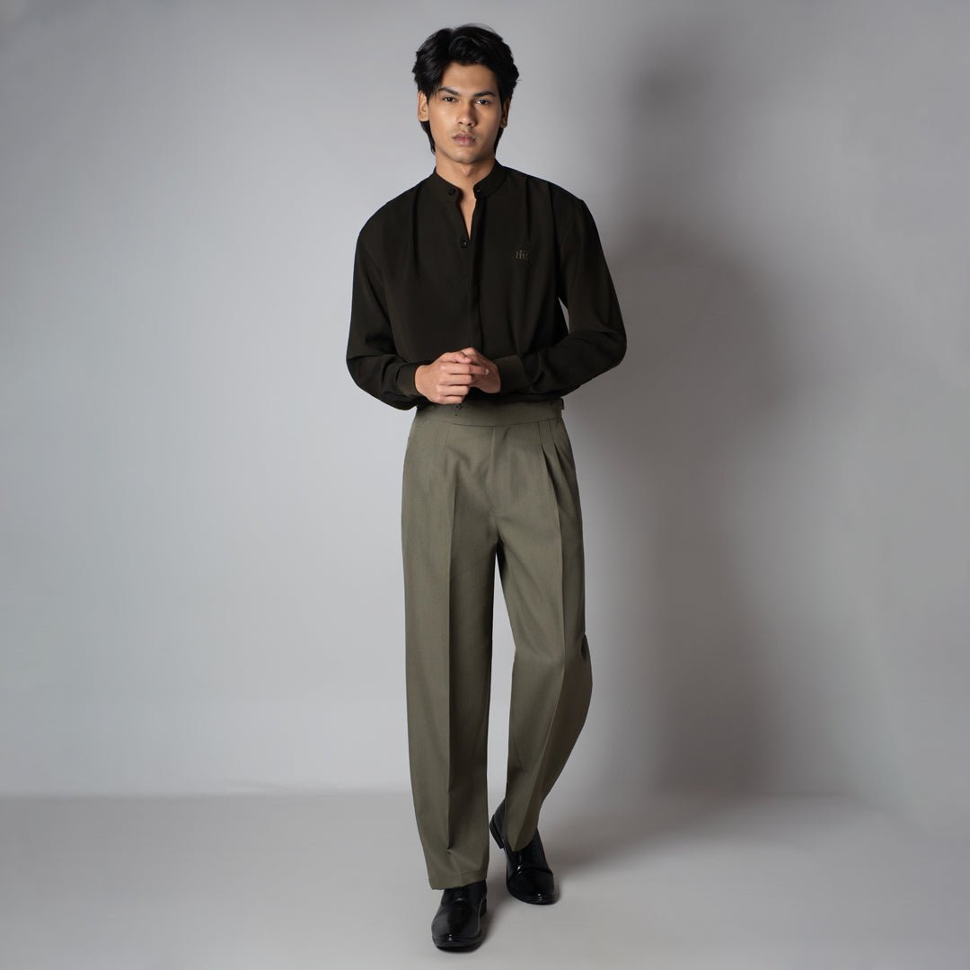 EARTHY OLIVE CHINESE COLLAR SHIRT