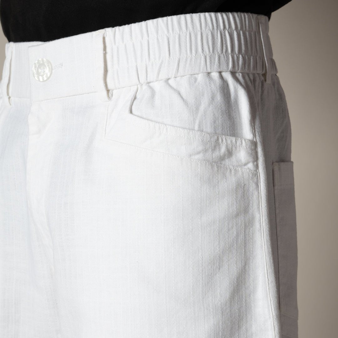 WHITE TEXTURED LINEN TRAVEL PANTS